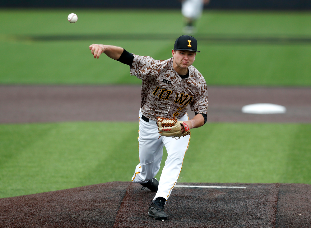 Iowa Hawkeyes pitcher Brady Schanuel (27) during a double header against the Indiana Hoosiers Friday, March 23, 2018 at Duane Banks Field. (Brian Ray/hawkeyesports.com)