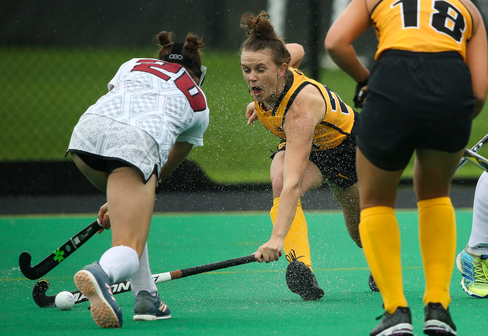 Iowa Hawkeyes forward Madeleine Murphy (26) blocks a pass during a game against Stanford at Grant Field on October 7, 2018. (Tork Mason/hawkeyesports.com)