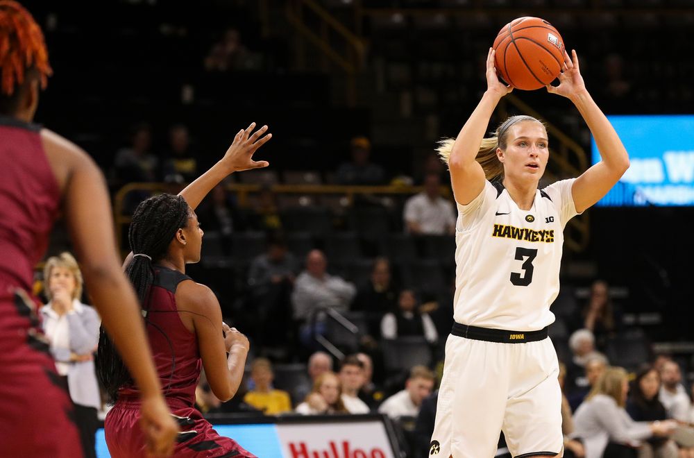 Iowa Hawkeyes guard Makenzie Meyer (3) looks to pass during a game against North Carolina Central at Carver-Hawkeye Arena on November 17, 2018. (Tork Mason/hawkeyesports.com)