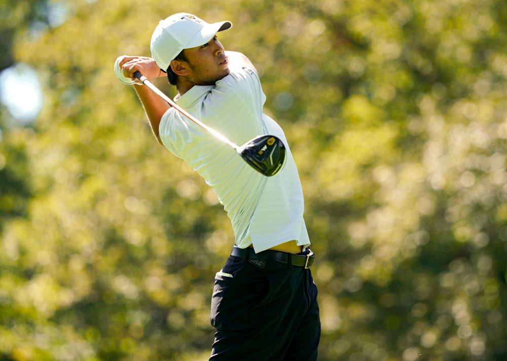 Iowa’s Joe Kim tees off during the second day of the Golfweek Conference Challenge at the Cedar Rapids Country Club in Cedar Rapids on Monday, Sep 16, 2019. (Stephen Mally/hawkeyesports.com)