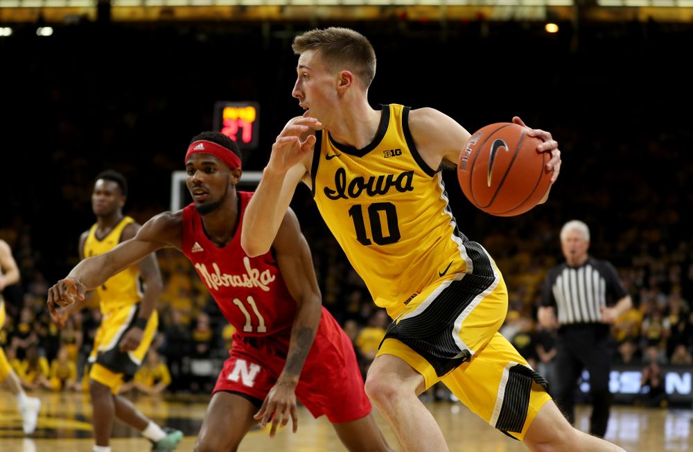 Iowa Hawkeyes guard Joe Wieskamp (10) against the Nebraska Cornhuskers Saturday, February 8, 2020 at Carver-Hawkeye Arena. (Brian Ray/hawkeyesports.com)