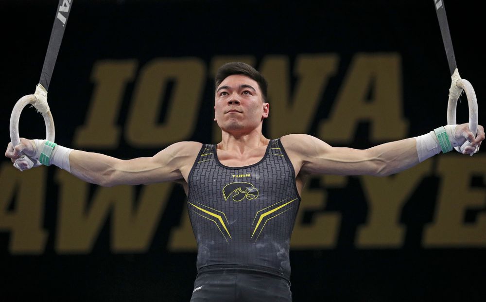 Iowa's Brandon Wong competes in the rings during the first day of the Big Ten Men's Gymnastics Championships at Carver-Hawkeye Arena in Iowa City on Friday, Apr. 5, 2019. (Stephen Mally/hawkeyesports.com)