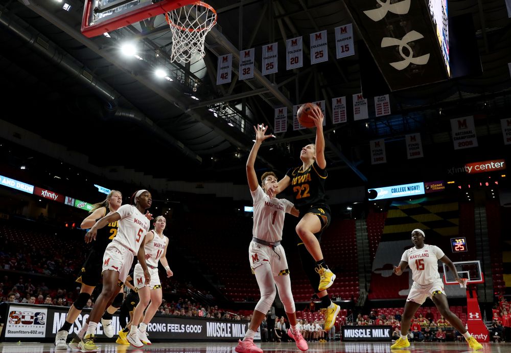 Iowa Hawkeyes guard Kathleen Doyle (22) against the Maryland Terrapins Thursday, February 13, 2020 at the Xfinity Center in College Park, MD. (Brian Ray/hawkeyesports.com)