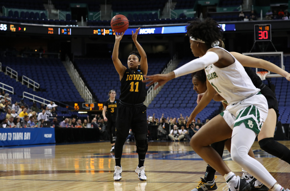 Iowa Hawkeyes guard Tania Davis (11) against the Baylor Lady Bears in the regional final of the 2019 NCAA Women's College Basketball Tournament Monday, April 1, 2019 at Greensboro Coliseum in Greensboro, NC.(Brian Ray/hawkeyesports.com)