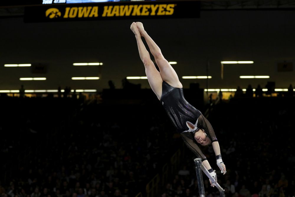 Iowa’s Allyson Steffensmeier competes on the bars against Michigan State Saturday, February 1, 2020 at Carver-Hawkeye Arena. (Brian Ray/hawkeyesports.com)