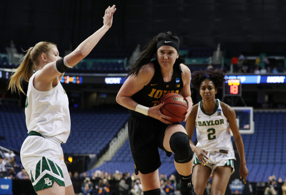 Iowa Hawkeyes forward Megan Gustafson (10) against the Baylor Lady Bears in the regional final of the 2019 NCAA Women's College Basketball Tournament Monday, April 1, 2019 at Greensboro Coliseum in Greensboro, NC.(Brian Ray/hawkeyesports.com)