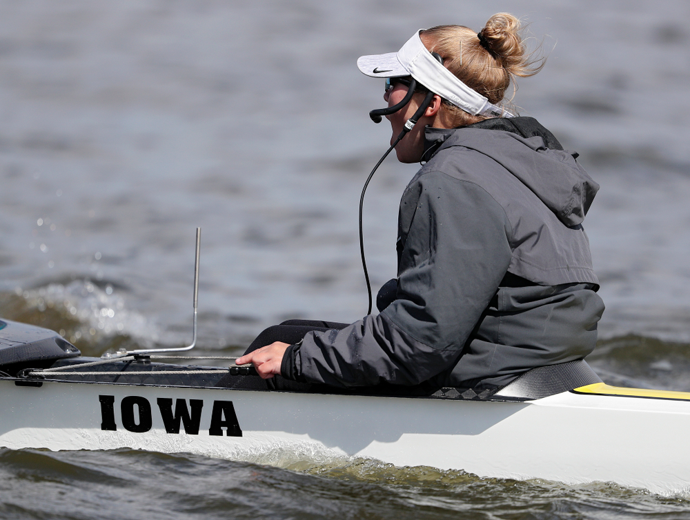 Iowa's Logan Jones during their 1 Varsity 8 race against Wisconsin in their Big Ten Double Dual Rowing Regatta at Lake Macbride in Solon on Saturday, Apr. 13, 2019. (Stephen Mally/hawkeyesports.com)