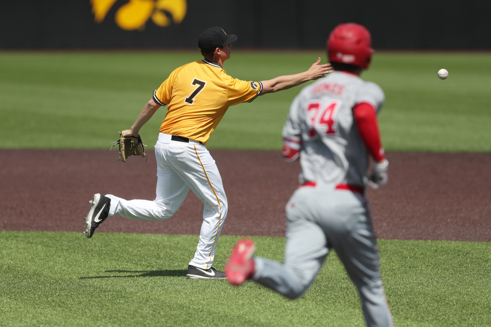 Iowa Hawkeyes Grant Judkins (7) against the Nebraska Cornhuskers Sunday, April 21, 2019 at Duane Banks Field. (Brian Ray/hawkeyesports.com)