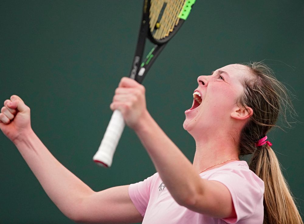 Iowa's Samantha Mannix celebrates during a match against Purdue at the Hawkeye Tennis and Recreation Complex in Iowa City on Friday, Mar. 29, 2019. (Stephen Mally/hawkeyesports.com)