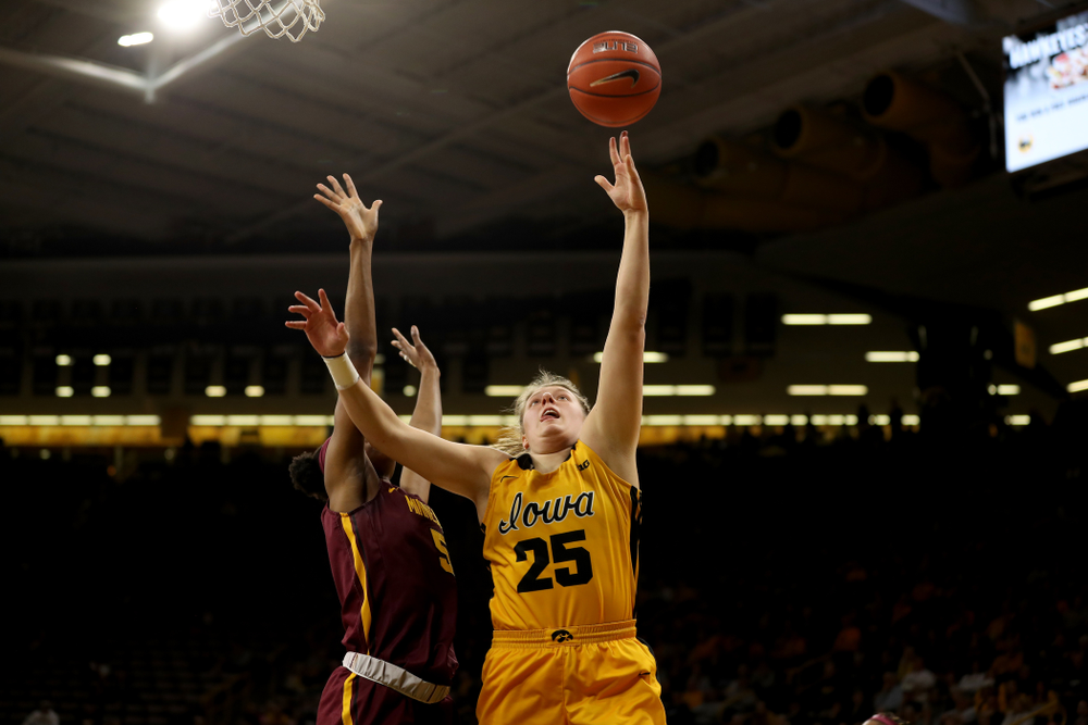 Iowa Hawkeyes forward/center Monika Czinano (25) against the Minnesota Golden Gophers Thursday, February 27, 2020 at Carver-Hawkeye Arena. (Brian Ray/hawkeyesports.com)