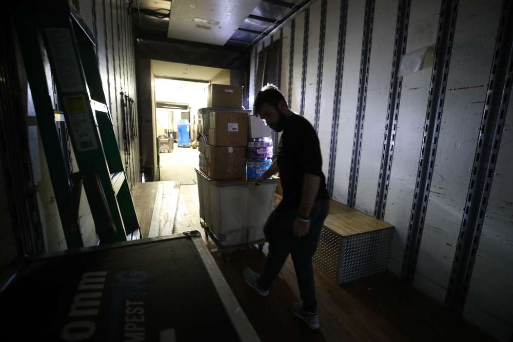 Members fo the Hawkeye Football equipment staff and managers load equipment onto the truck bound for Tampa for the Outback Bowl Wednesday, December 19, 2018 at the Hansen Football Performance Center. (Brian Ray/hawkeyesports.com)