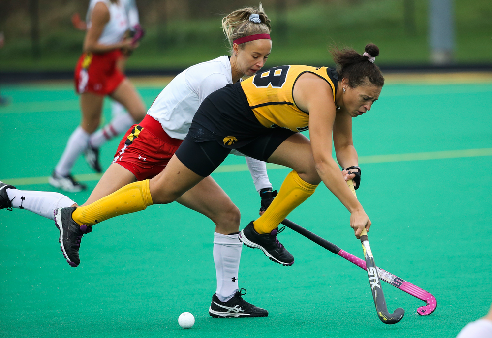 Iowa Hawkeyes forward Mya Christopher (18) is fouled during a game against Maryland at Grant Field on October 14, 2018. (Tork Mason/hawkeyesports.com)