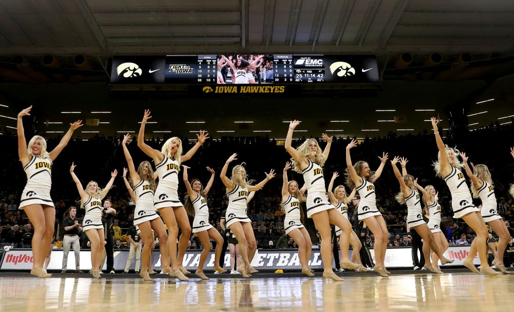 The Iowa Cheerleaders and Dance Team perform on senior night at half-time of the Iowa Hawkeyes game against the Purdue Boilermakers Tuesday, March 3, 2020 at Carver-Hawkeye Arena. (Brian Ray/hawkeyesports.com)