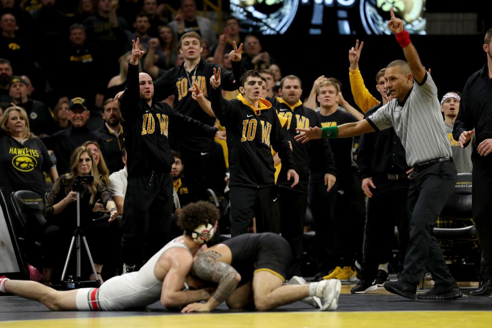 Iowa’s Pat Lugo wrestles Ohio State’s Sammy Sasso at 149 pounds Friday, January 24, 2020 at Carver-Hawkeye Arena. Sasso won the match with a 2-1 in overtime. (Brian Ray/hawkeyesports.com)