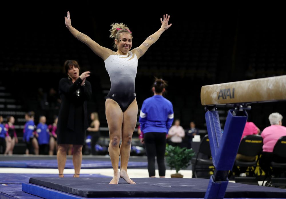 IowaÕs Alex Greenwald competes on the beam against Ball State and Air Force Saturday, January 11, 2020 at Carver-Hawkeye Arena. (Brian Ray/hawkeyesports.com)