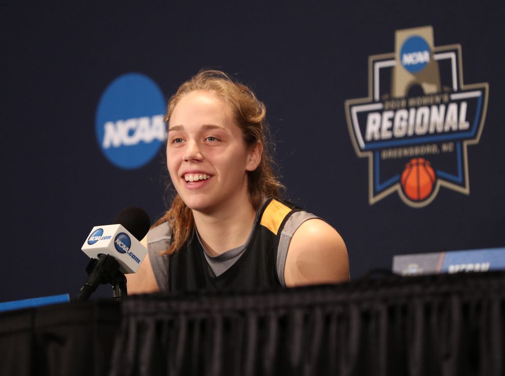 Iowa Hawkeyes guard Kathleen Doyle (22) during practice and media before the regional final of the 2019 NCAA Women's College Basketball Tournament against the Baylor Bears Sunday, March 31, 2019 at Greensboro Coliseum in Greensboro, NC.(Brian Ray/hawkeyesports.com)