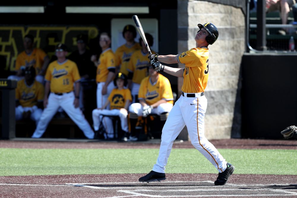 Iowa Hawkeyes Connor McCaffery (30) hits a home run against the Nebraska Cornhuskers Sunday, April 21, 2019 at Duane Banks Field. (Brian Ray/hawkeyesports.com)