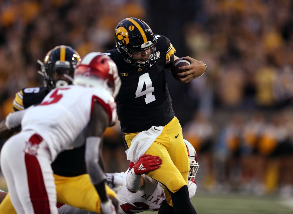Iowa Hawkeyes quarterback Nate Stanley (4) against the Miami RedHawks Saturday, August 31, 2019 at Kinnick Stadium in Iowa City. (Brian Ray/hawkeyesports.com)
