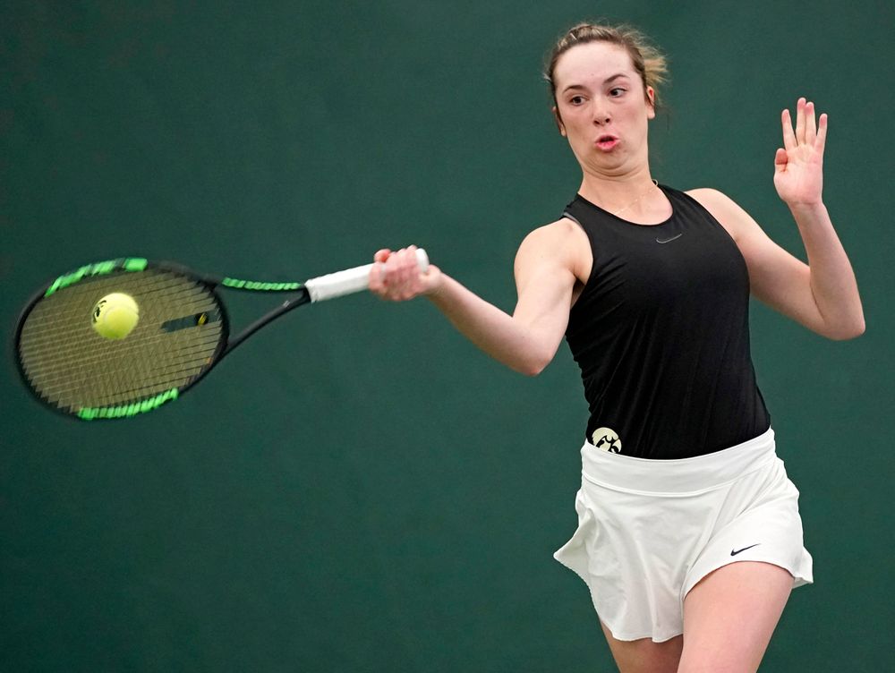 Iowa's Samantha Mannix plays a match against Indiana at the Hawkeye Tennis and Recreation Complex in Iowa City on Sunday, Mar. 31, 2019. (Stephen Mally/hawkeyesports.com)
