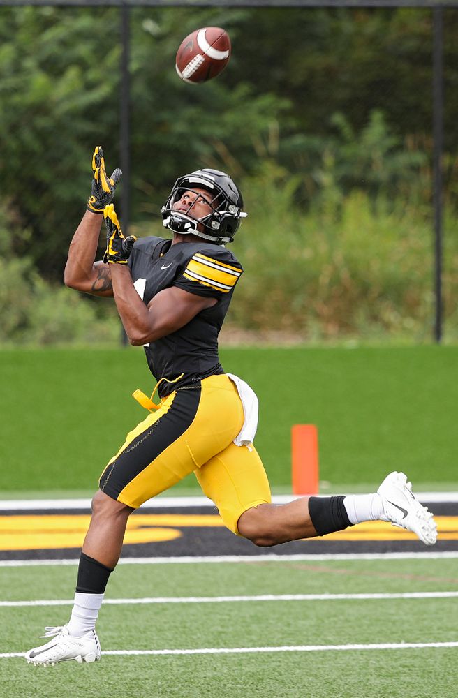 Iowa Hawkeyes wide receiver Tyrone Tracy Jr. (3) pulls in a pass during Fall Camp Practice No. 10 at the Hansen Football Performance Center in Iowa City on Tuesday, Aug 13, 2019. (Stephen Mally/hawkeyesports.com)