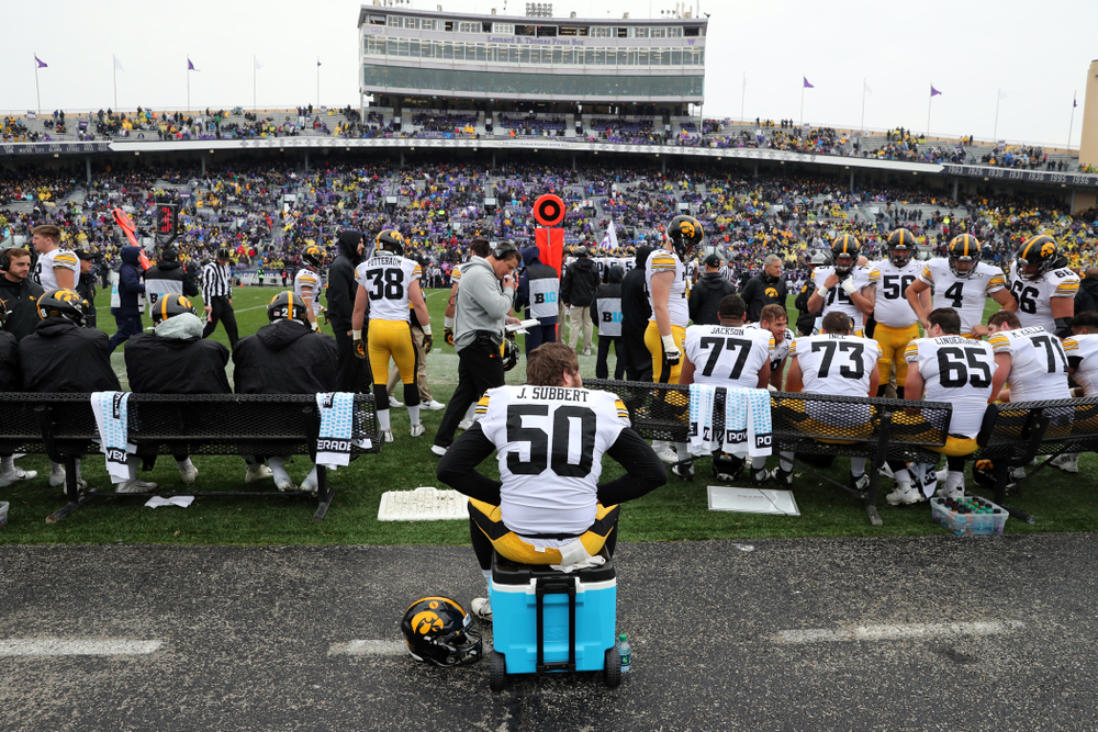 Iowa Hawkeyes long snapper Jackson Subbert (50) against the Northwestern Wildcats Saturday, October 26, 2019 at Ryan Field in Evanston, Ill. (Brian Ray/hawkeyesports.com)