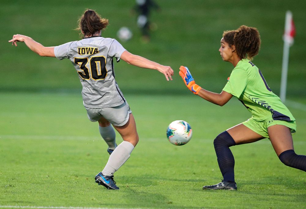 Iowa forward Devin Burns (30) scores a goal during the first half of their match at the Iowa Soccer Complex in Iowa City on Friday, Sep 13, 2019. (Stephen Mally/hawkeyesports.com)
