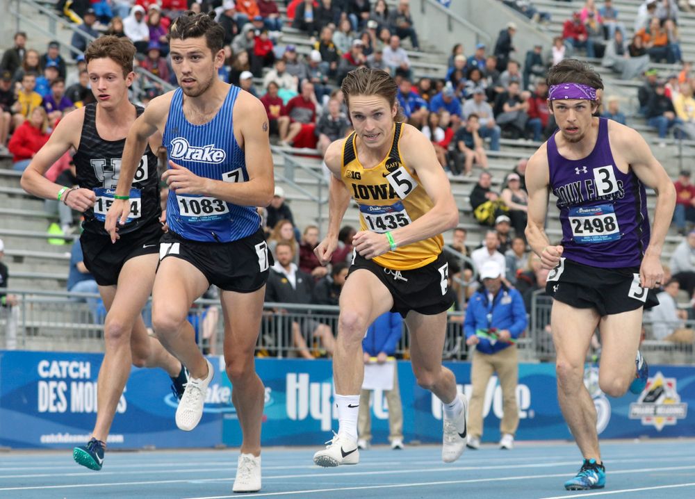 Iowa's Nathan Mylenek runs the men's 1500 meter run event during the second day of the Drake Relays at Drake Stadium in Des Moines on Friday, Apr. 26, 2019. (Stephen Mally/hawkeyesports.com)