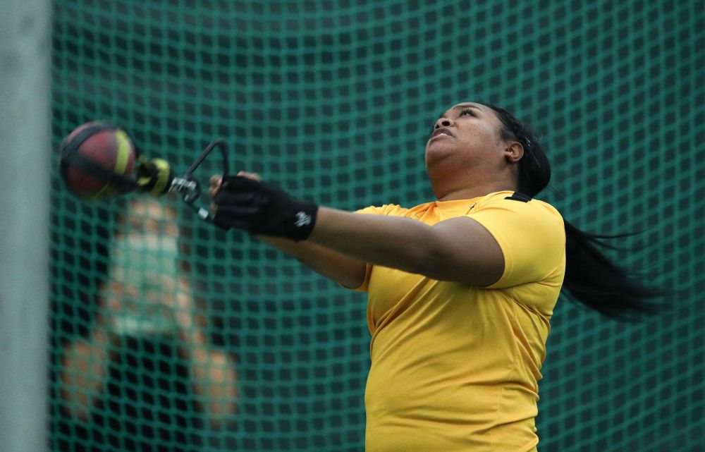 Iowa's Laulauga Tausaga competes in the weight throw during the Jimmy Grant Invitational Saturday, December 8, 2018 at the Hawkeye Tennis and Recreation Center. (Brian Ray/hawkeyesports.com)