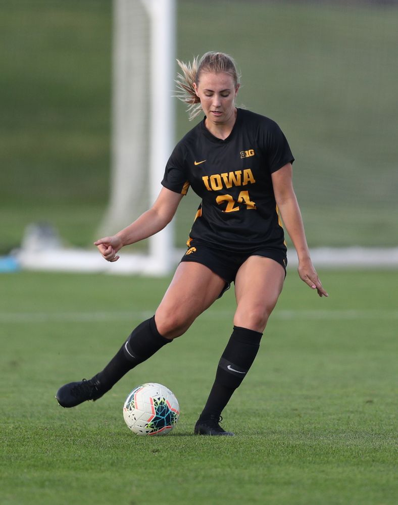Iowa Hawkeyes defender Sara Wheaton (24) during a 2-1 victory over the Iowa State Cyclones Thursday, August 29, 2019 in the Iowa Corn Cy-Hawk series at the Iowa Soccer Complex. (Brian Ray/hawkeyesports.com)