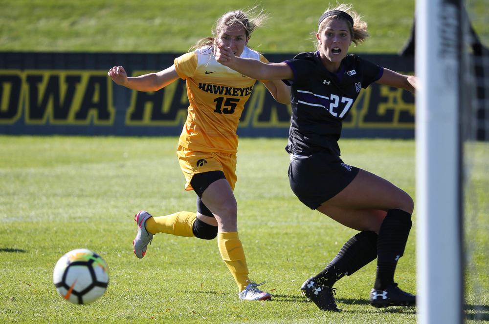 Iowa Hawkeyes forward Rose Ripslinger (15) passes the ball during a game against Northwestern at the Iowa Soccer Complex on October 21, 2018. (Tork Mason/hawkeyesports.com)