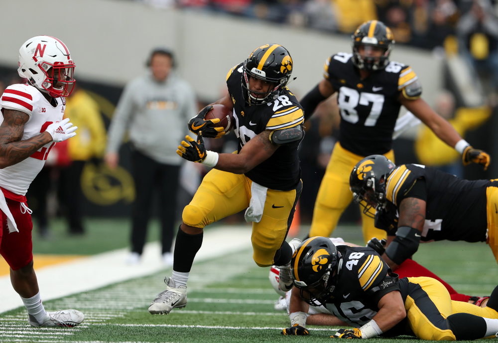 Iowa Hawkeyes running back Toren Young (28) against the Nebraska Cornhuskers Friday, November 23, 2018 at Kinnick Stadium. (Brian Ray/hawkeyesports.com)