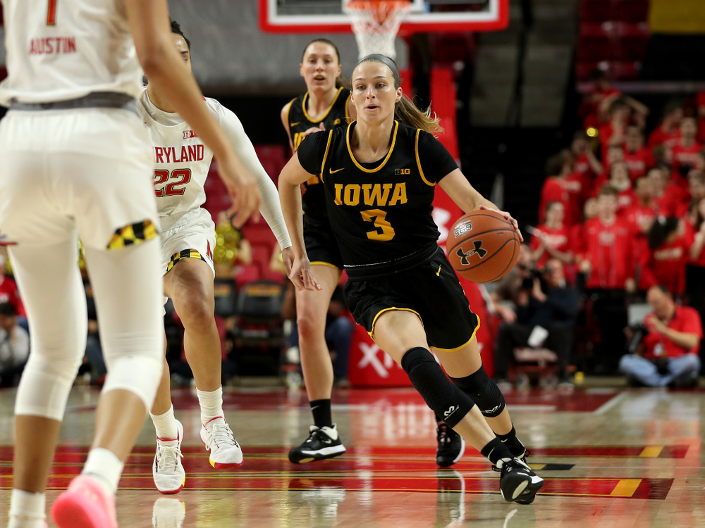 Iowa Hawkeyes guard Makenzie Meyer (3) against the Maryland Terrapins Thursday, February 13, 2020 at the Xfinity Center in College Park, MD. (Brian Ray/hawkeyesports.com)