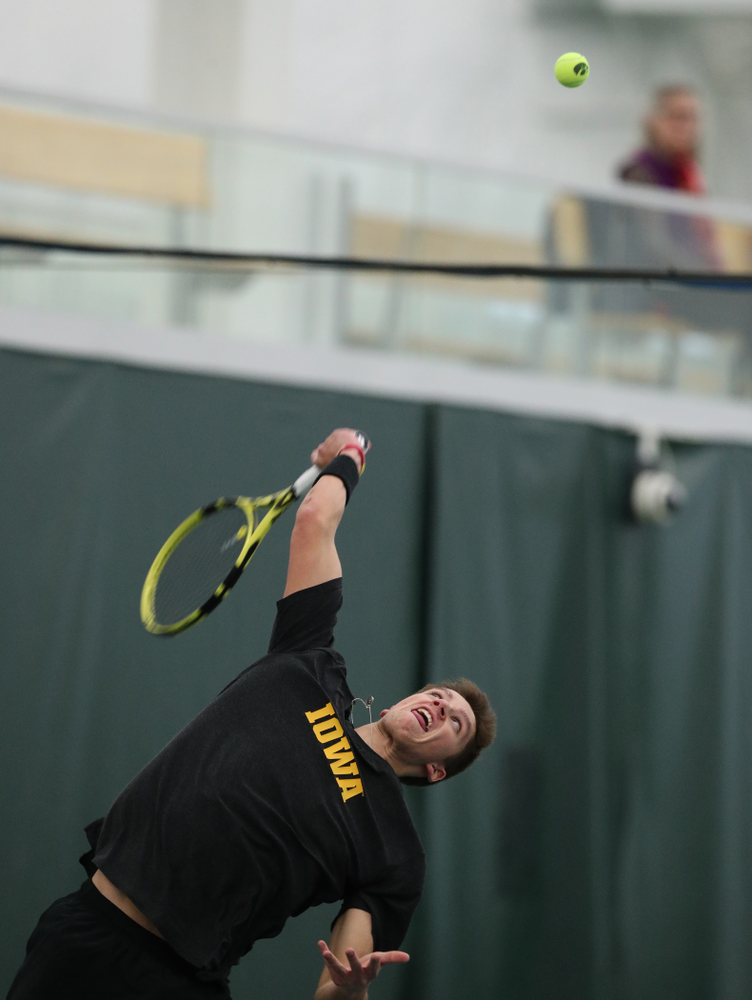 Iowa's Nikita Snezhko and Joe Tyler play a doubles match against UMKC Friday, February 15, 2019 at the Hawkeye Tennis and Recreation Complex. (Brian Ray/hawkeyesports.com)
