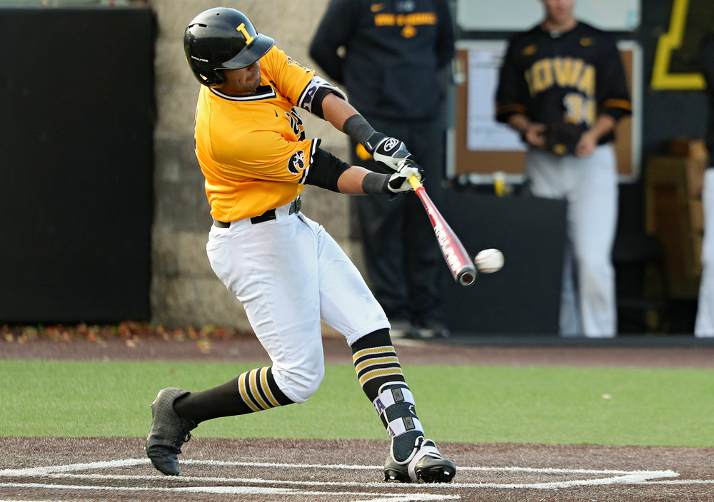 Iowa infielder Matthew Sosa (31) bats during the third inning of the first game of the Black and Gold Fall World Series at Duane Banks Field in Iowa City on Tuesday, Oct 15, 2019. (Stephen Mally/hawkeyesports.com)