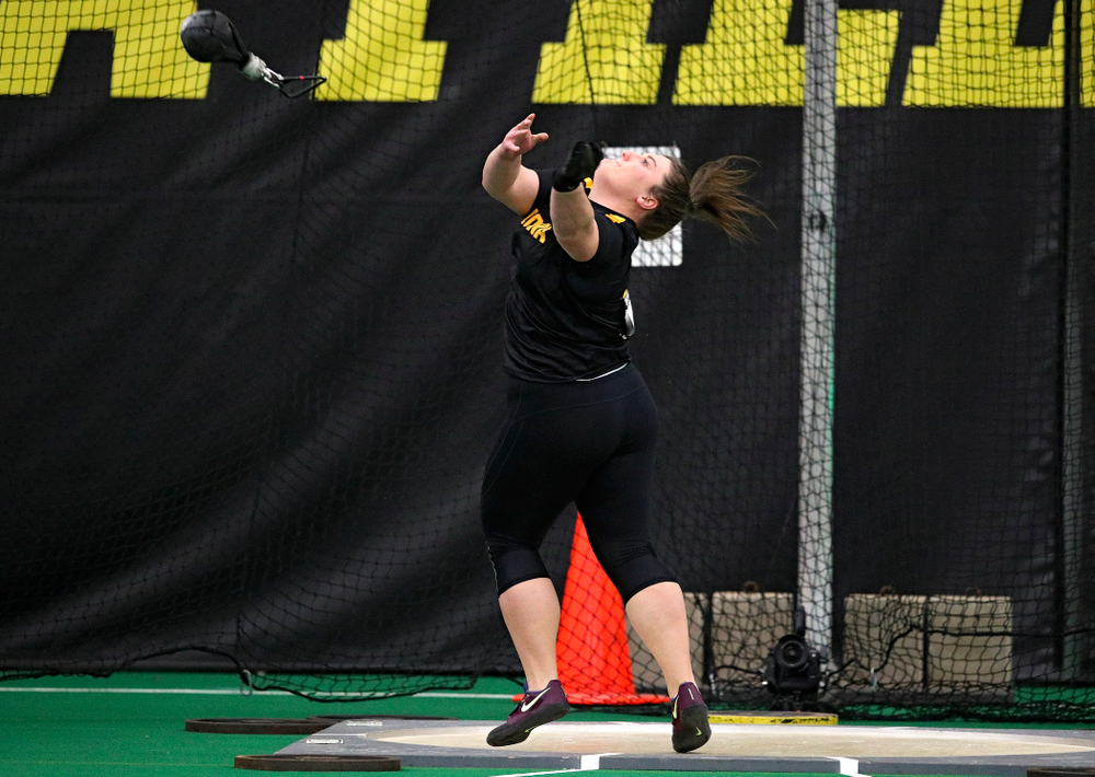 Iowa’s Jamie Kofron throws in the women’s weight throw event during the Hawkeye Invitational at the Hawkeye Tennis and Recreation Complex in Iowa City on Friday, January 10, 2020. (Stephen Mally/hawkeyesports.com)