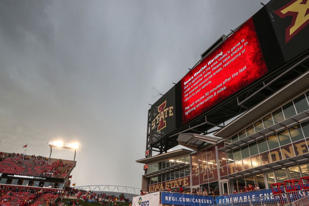 A weather delay stops the Iowa Hawkeyes game against the Iowa State Cyclones Saturday, September 14, 2019 at Jack Trice Stadium in Ames, Iowa. (Brian Ray/hawkeyesports.com)