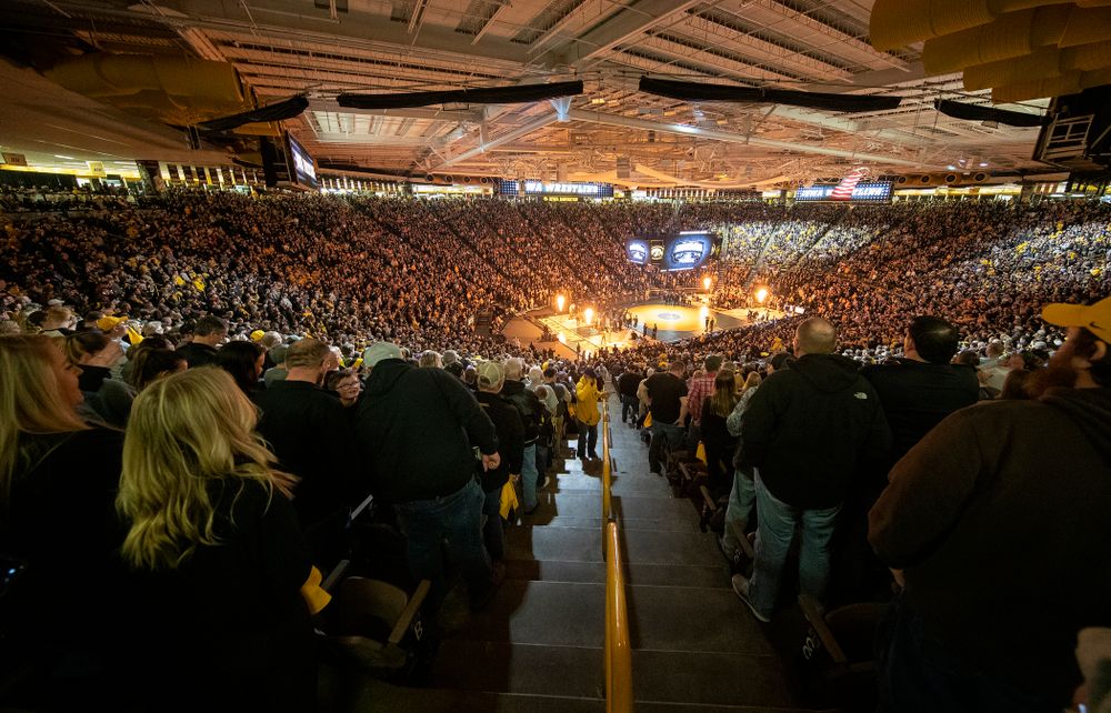 Iowa fans cheer during the dual at Carver-Hawkeye Arena in Iowa City on Friday, January 31, 2020. (Stephen Mally/hawkeyesports.com)