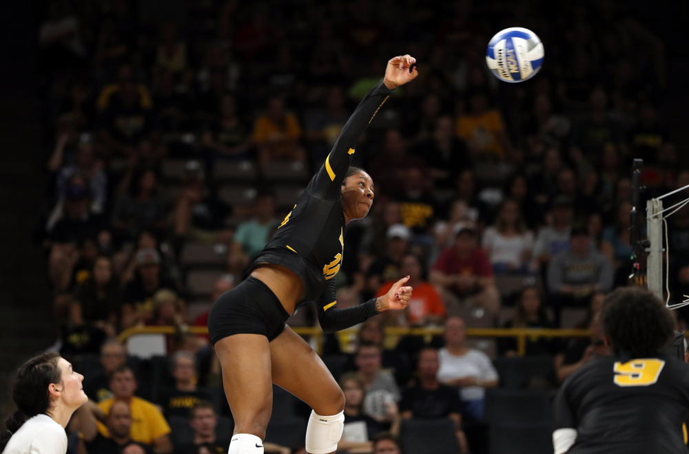 Iowa Hawkeyes outside hitter Griere Hughes (10) against the Iowa State Cyclones Saturday, September 21, 2019 at Carver-Hawkeye Arena. (Brian Ray/hawkeyesports.com)