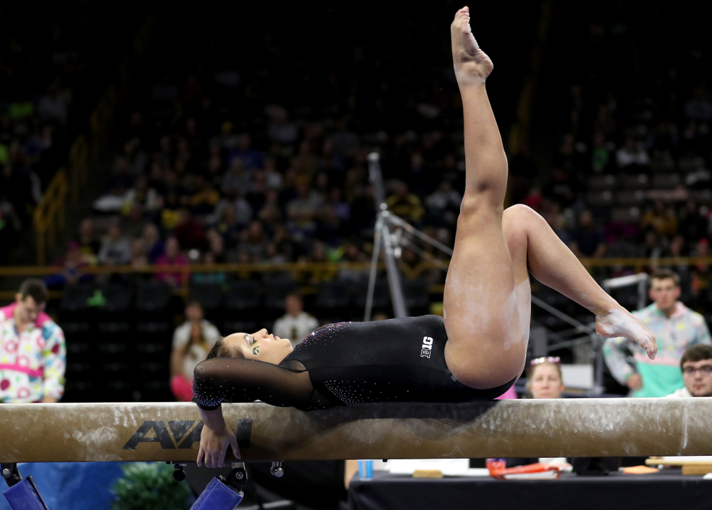 Iowa’s Dani Castillo competes on the beam against Michigan Friday, February 14, 2020 at Carver-Hawkeye Arena. (Brian Ray/hawkeyesports.com)