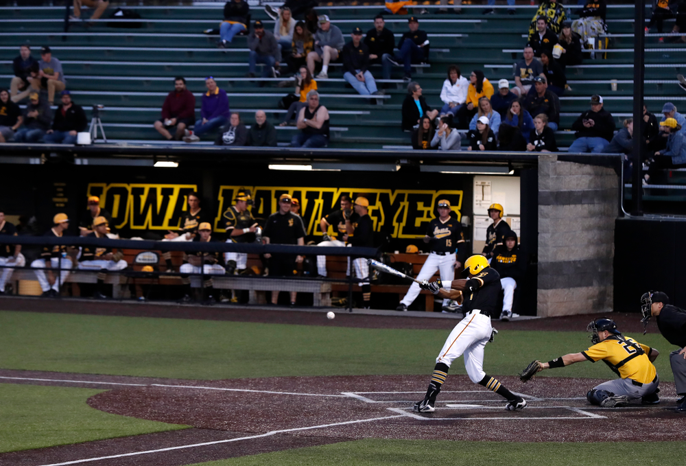 Iowa Hawkeyes third baseman Lorenzo Elion (1) against Milwaukee Wednesday, April 25, 2018 at Duane Banks Field. (Brian Ray/hawkeyesports.com)