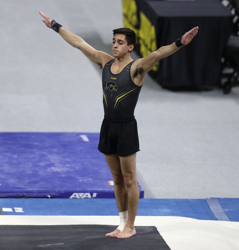 Iowa's Andrew Herrador competes on the floor against Oklahoma Saturday, February 9, 2019 at Carver-Hawkeye Arena. (Brian Ray/hawkeyesports.com)