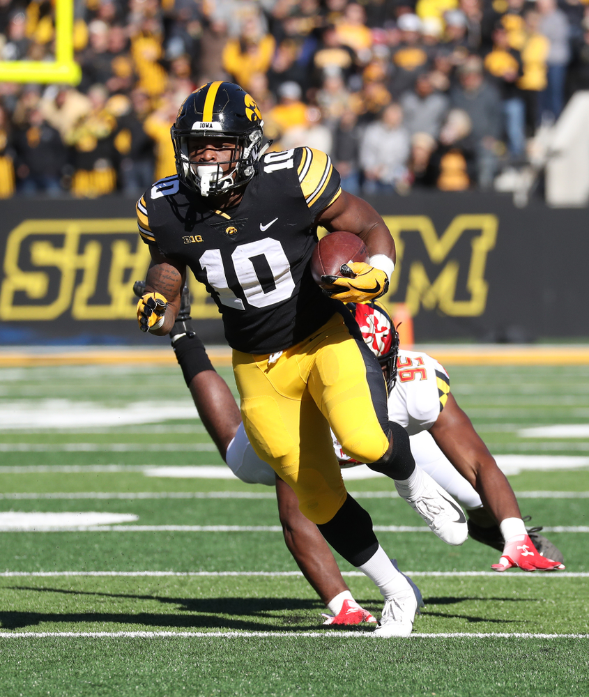 Iowa Hawkeyes running back Mekhi Sargent (10) against the Maryland Terrapins Saturday, October 20, 2018 at Kinnick Stadium (Max Allen/hawkeyesports.com)