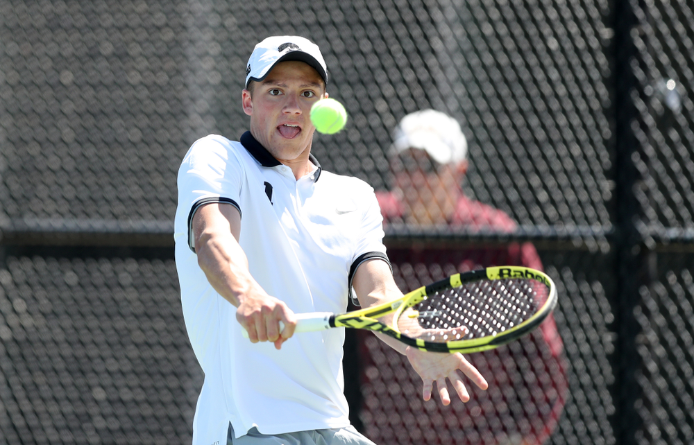 IowaÕs Joe Tyler and Nikita Snezhko play a doubles match against the Michigan Wolverines Sunday, April 21, 2019 at the Hawkeye Tennis and Recreation Complex. (Brian Ray/hawkeyesports.com)