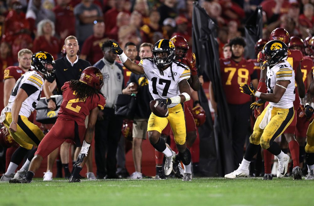 Iowa Hawkeyes defensive back Devonte Young (17) celebrates after recovering a fumbled punt against the Iowa State Cyclones Saturday, September 14, 2019 in Ames, Iowa. (Brian Ray/hawkeyesports.com)