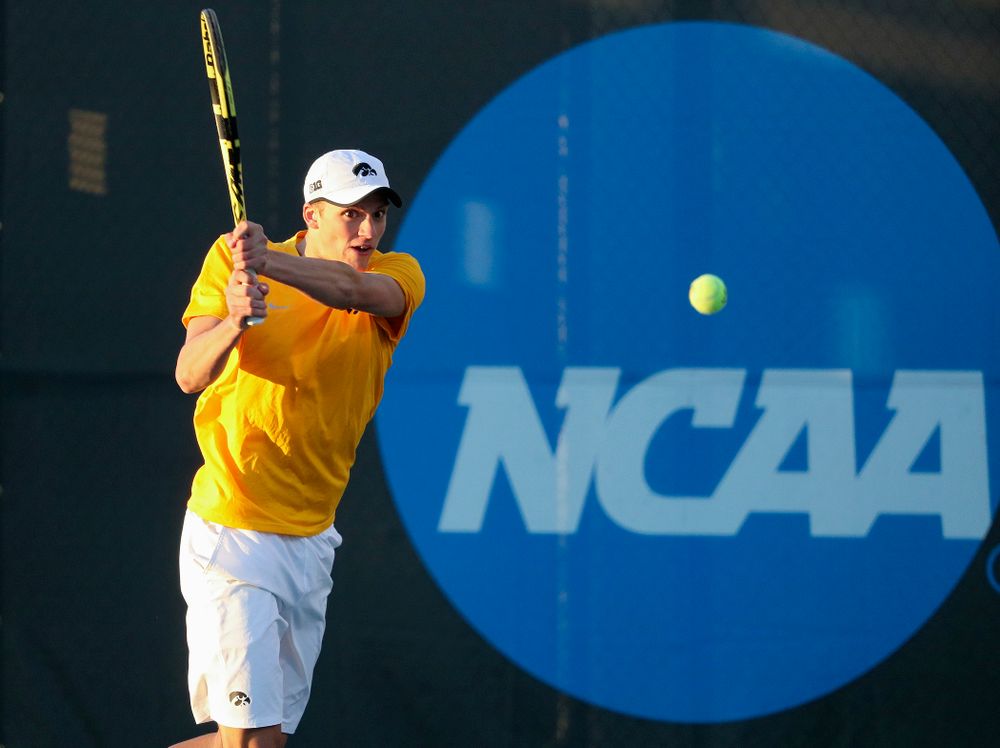 Iowa's Joe Tyler during his match again Michigan State at the Hawkeye Tennis and Recreation Complex in Iowa City on Friday, Apr. 19, 2019. (Stephen Mally/hawkeyesports.com)