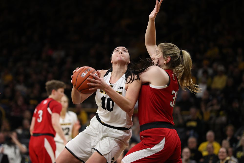 Iowa Hawkeyes forward Megan Gustafson (10) against the Nebraska Cornhuskers Thursday, January 3, 2019 at Carver-Hawkeye Arena. (Brian Ray/hawkeyesports.com)