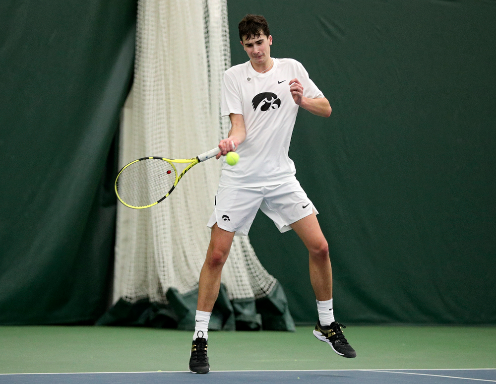Iowa’s Matt Clegg during his singles match at the Hawkeye Tennis and Recreation Complex in Iowa City on Sunday, February 16, 2020. (Stephen Mally/hawkeyesports.com)