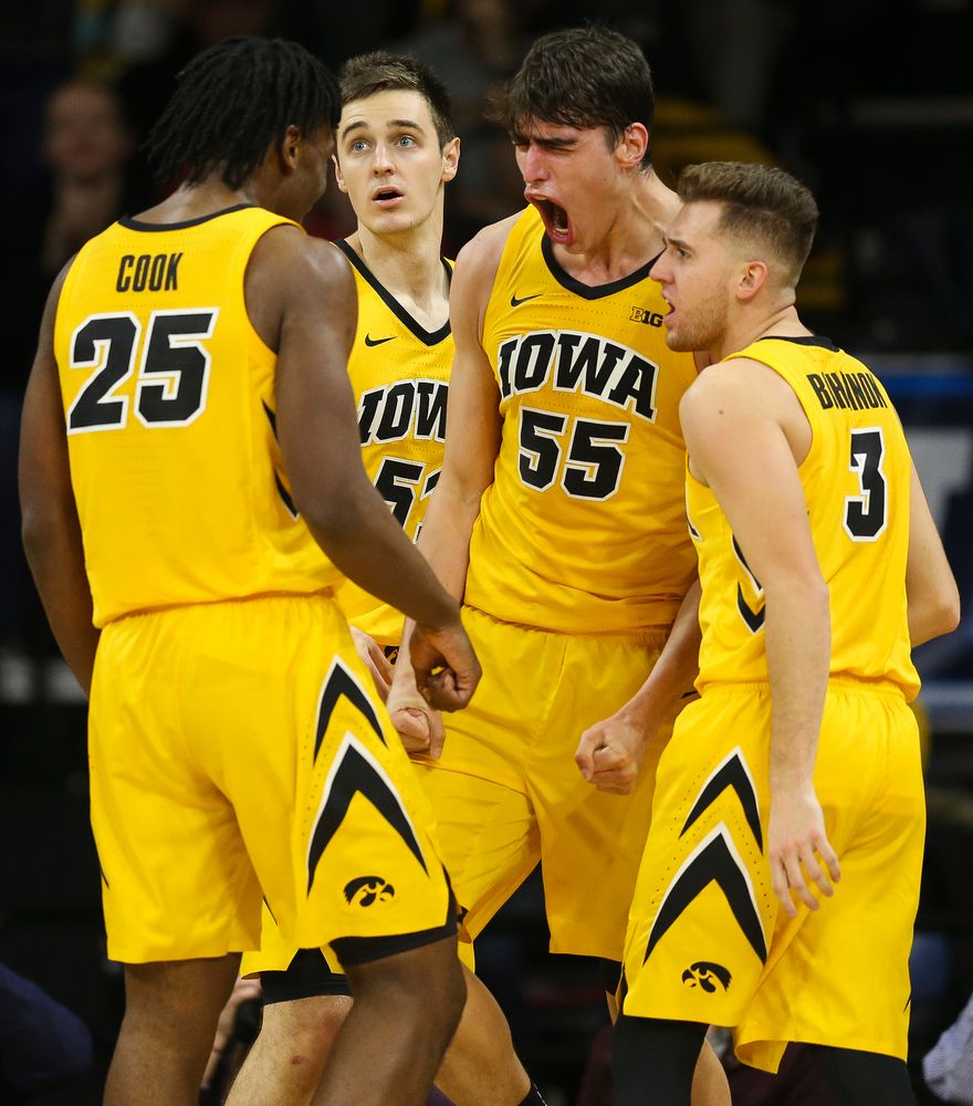 Iowa Hawkeyes forward Luka Garza (55) reacts after making a basket while being fouled against Wisconsin on November 30, 2018 at Carver-Hawkeye Arena. (Tork Mason/hawkeyesports.com)