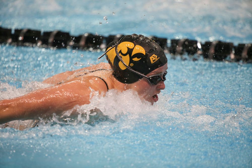 Iowa’s Kelsey Drake swims the 100-yard butterfly during the Iowa swimming and diving meet vs Notre Dame and Illinois on Saturday, January 11, 2020 at the Campus Recreation and Wellness Center. (Lily Smith/hawkeyesports.com)