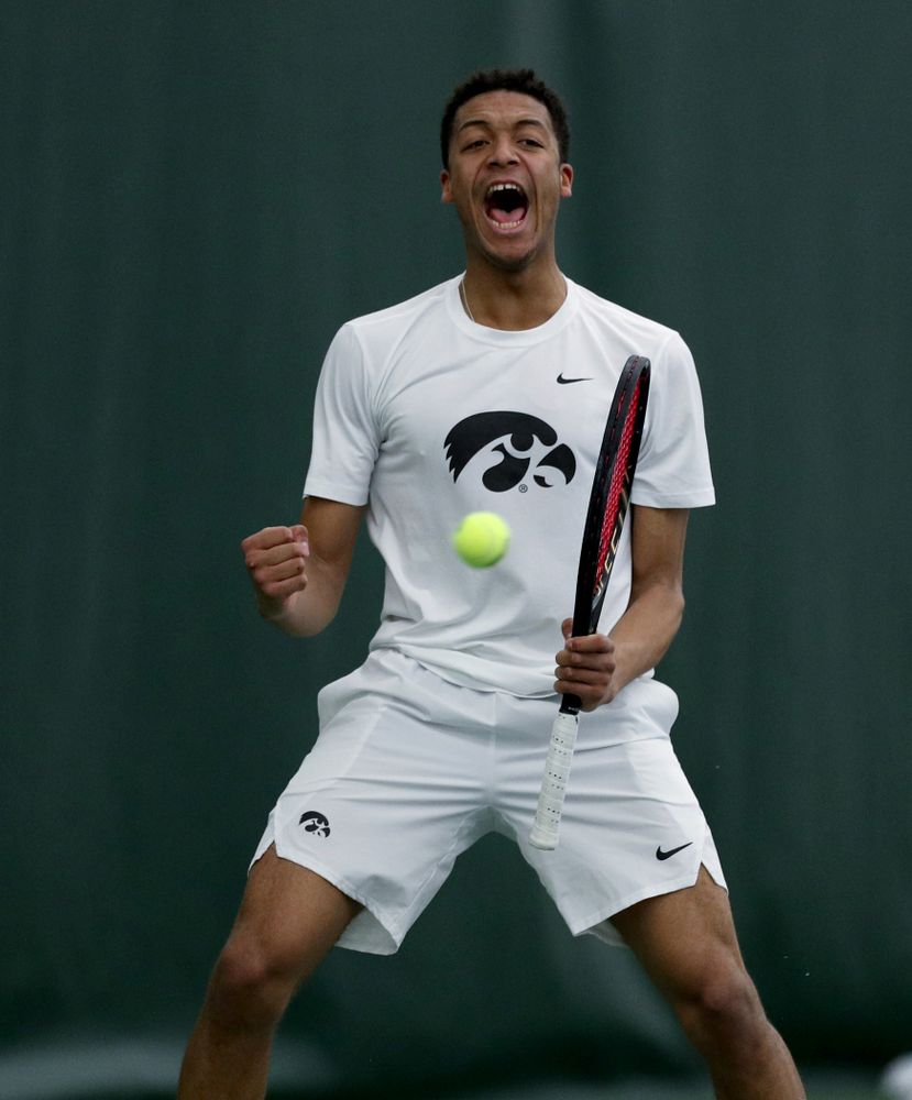 Iowa’s Oliver Okonkwo against Cornell Sunday, March 8, 2020 at the Hawkeye Tennis and Recreation Center. (Brian Ray/hawkeyesports.com)